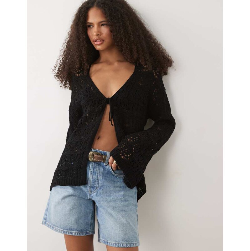 Miss Selfridge tie front boho cardigan in black