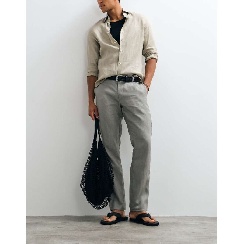 Mango 100% linen tapered trousers in stone grey-Neutral