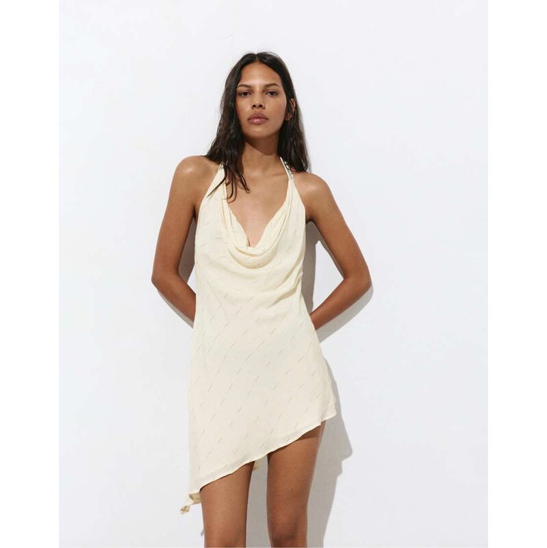 Pull&Bear Short asymmetric halter dress in beige-Neutral