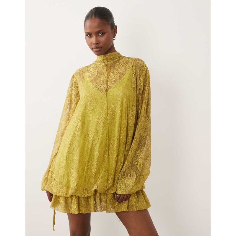 ASOS DESIGN lace mini dress with blouson sleeve and hem detail