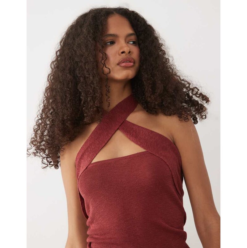 Mango Teen knitted cross front halterneck top in red