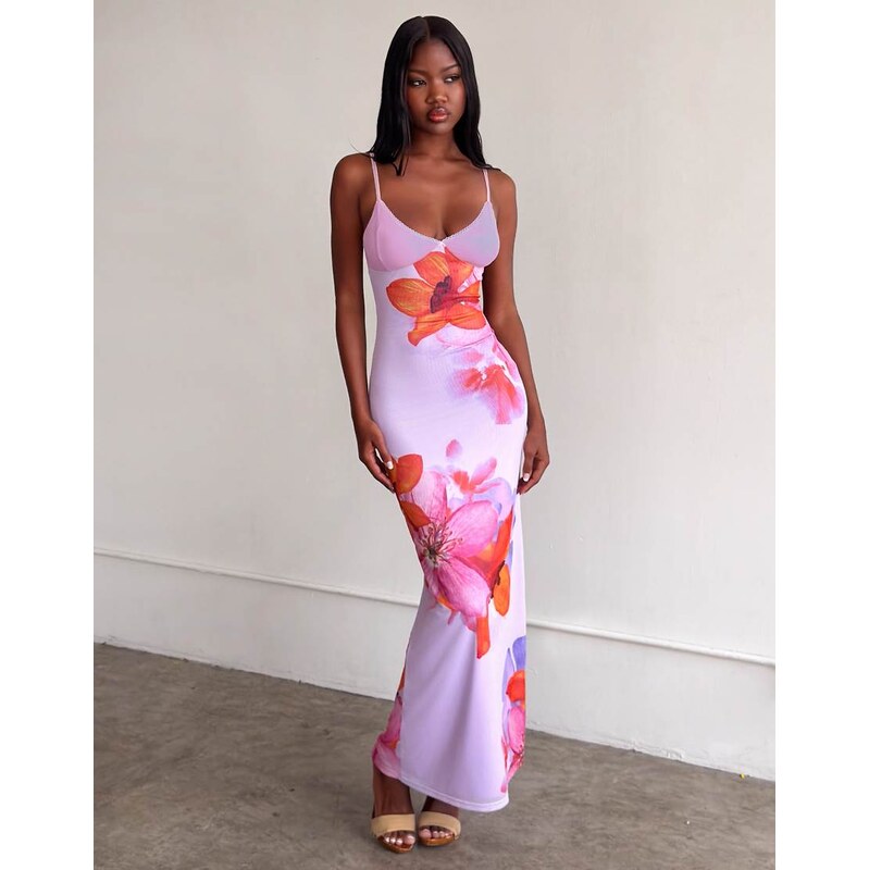 Tiger Mist Alaina cami slinky mesh maxi dress in lilac floral