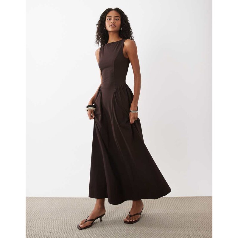 ASOS DESIGN boat neck waist detail midi dress in chocolate-Brown