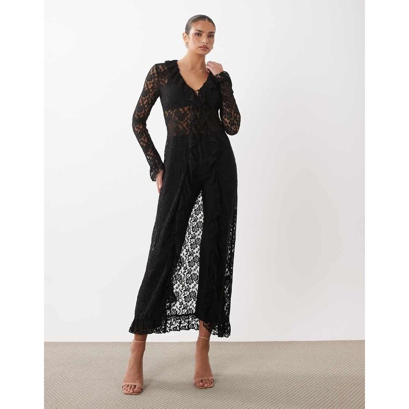 Lioness Long Nights sheer lace kimono top in black