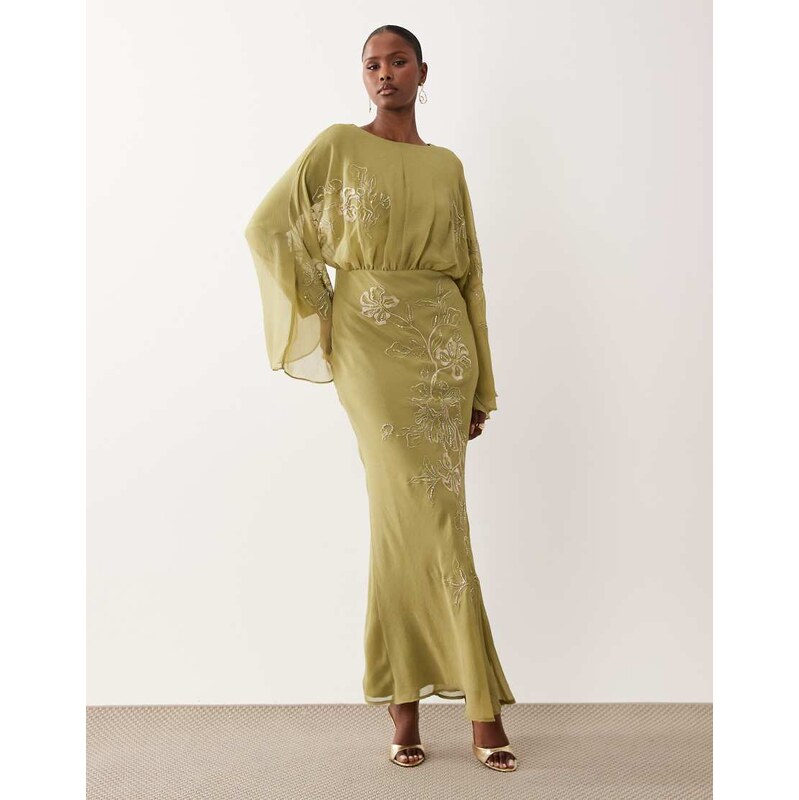 ASOS DESIGN embroidered maxi dress in green olive