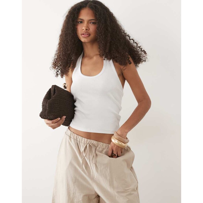 Mango Teen cotton rich halterneck top with stitch detail in