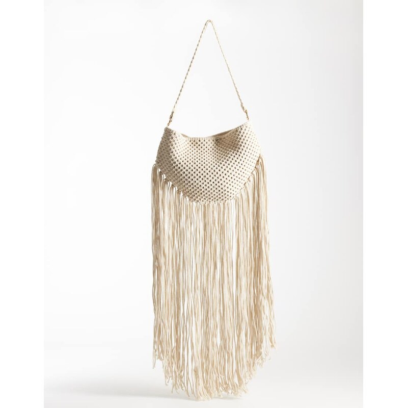 ASOS DESIGN macrame shoulder bag with fringe detail in neutral