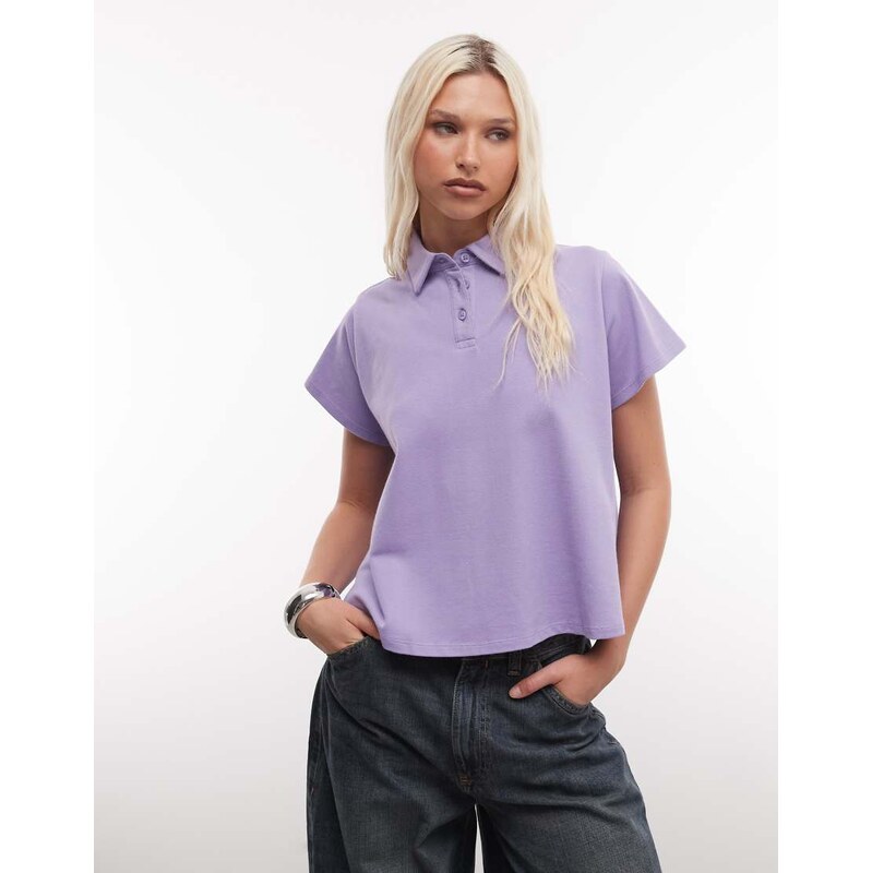 ASOS DESIGN trapeze hem short sleeve polo top in lilac-Purple