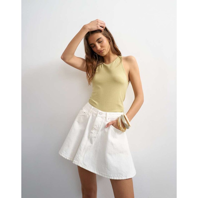 Topshop denim pleated full mini skirt in bone-Brown