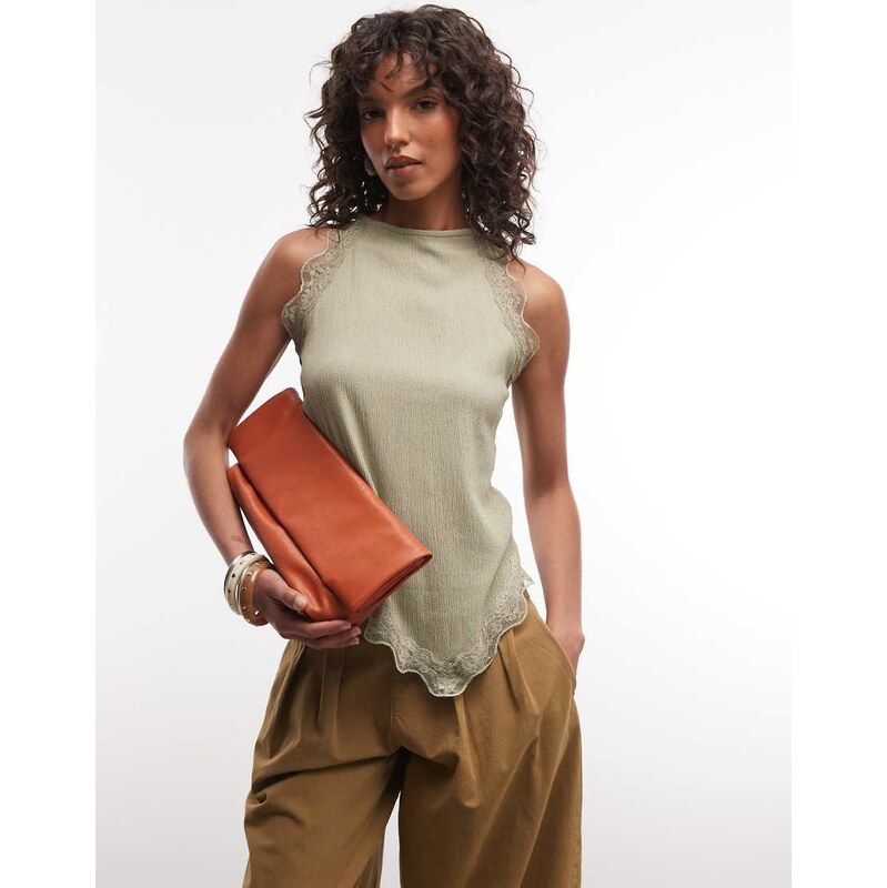River Island lace trim halterneck textured top in green
