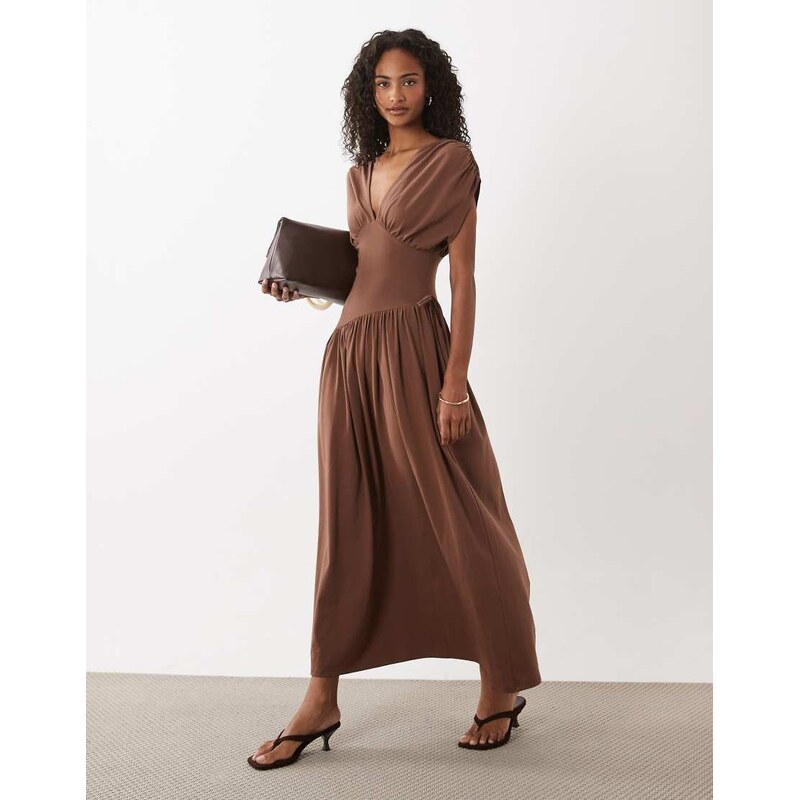 ASOS DESIGN plunge waist detail midi dress in chocolate-Brown