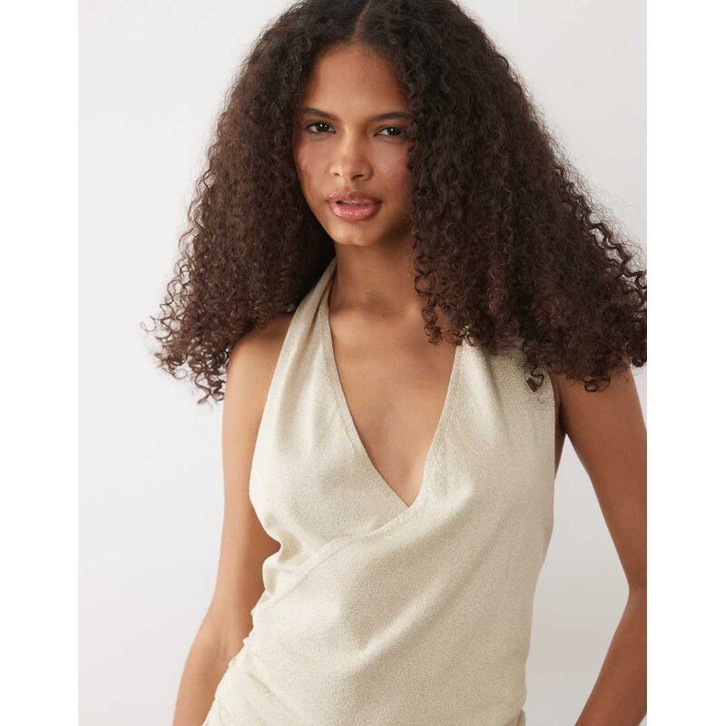 Mango Teen knitted wrap halterneck top in gold