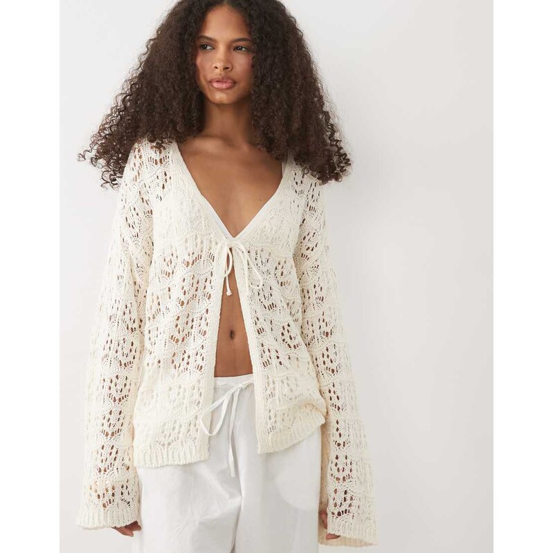 Miss Selfridge tie front boho cardigan in cream-White