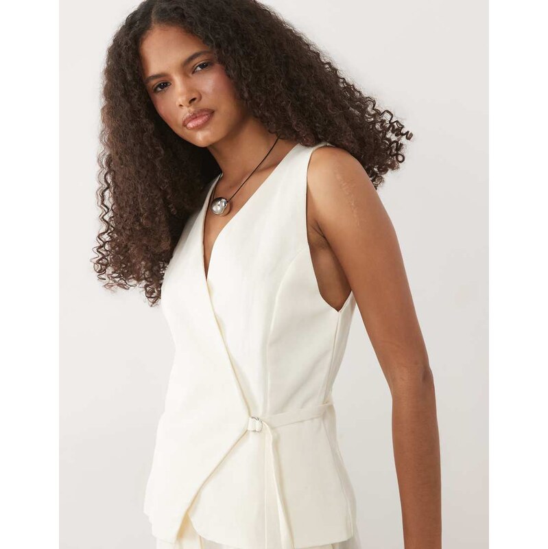 Mango tailored tie waist jumpsuit in cream-Neutral