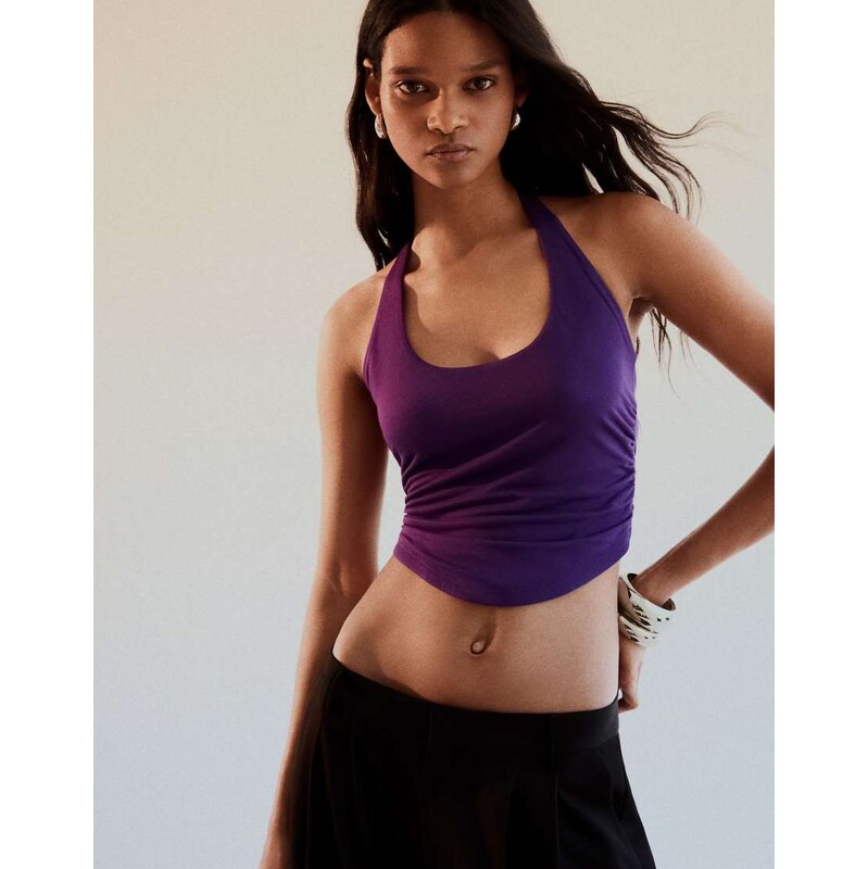 Bershka Halter neck top with back knot in purple