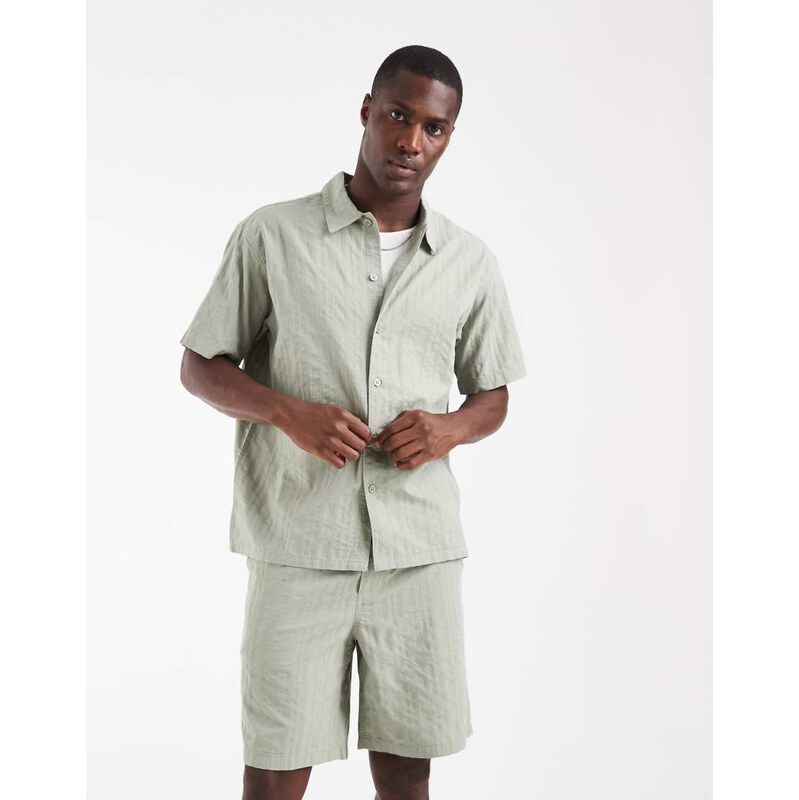 Jack & Jones co-ord stripe short sleeve shirt in light green