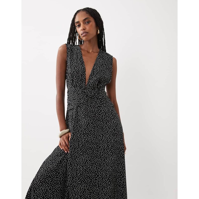 Vila ruched waist deep v neck maxi dress in black and white