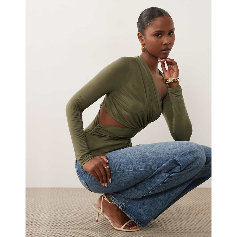ASOS DESIGN asymmetric ruched long sleeve top with cut out in