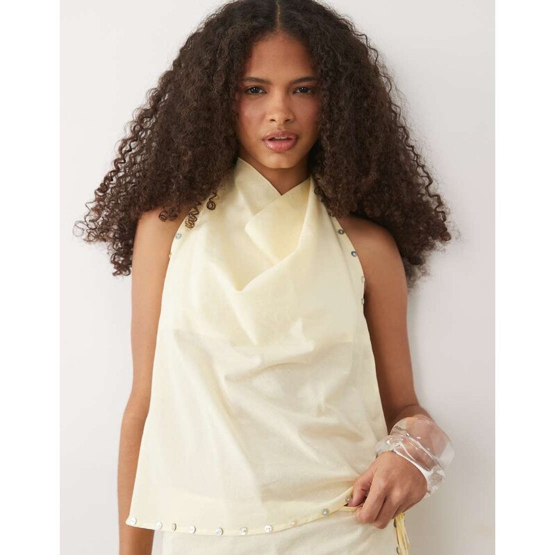 Mango cowl neck tie back embellished beach top co-ord in butter