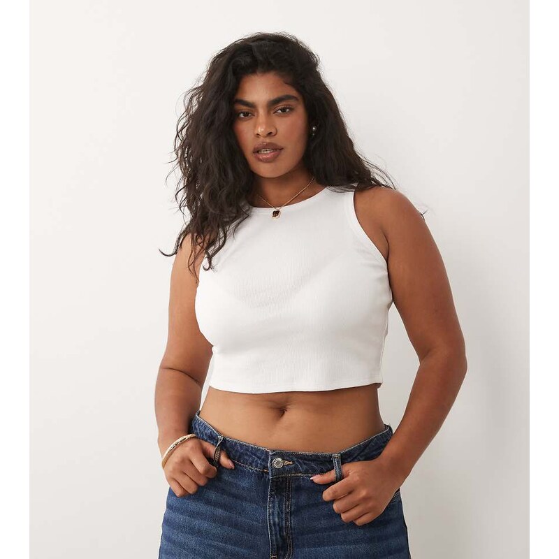 Brave Soul Plus Brave Soul Curve ribbed crop vest top in white
