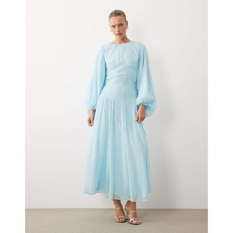 ASOS DESIGN long sleeve chiffon tie detail maxi dress in sky