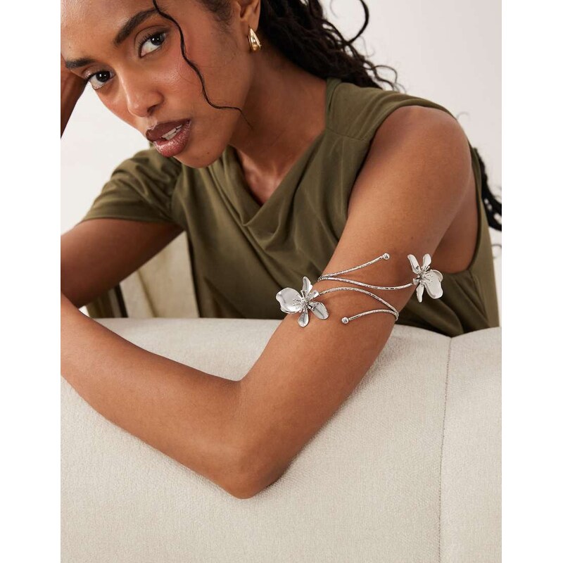 ASOS DESIGN wrap around floral arm cuff in silver tone