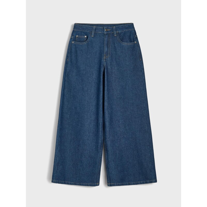 Sinsay - Džíny wide leg high waist s vyšívanými třešněmi - modrá