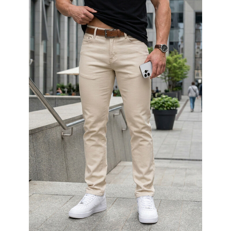 Pánské džíny slim fit s páskem béžové FashionStreet UX4493