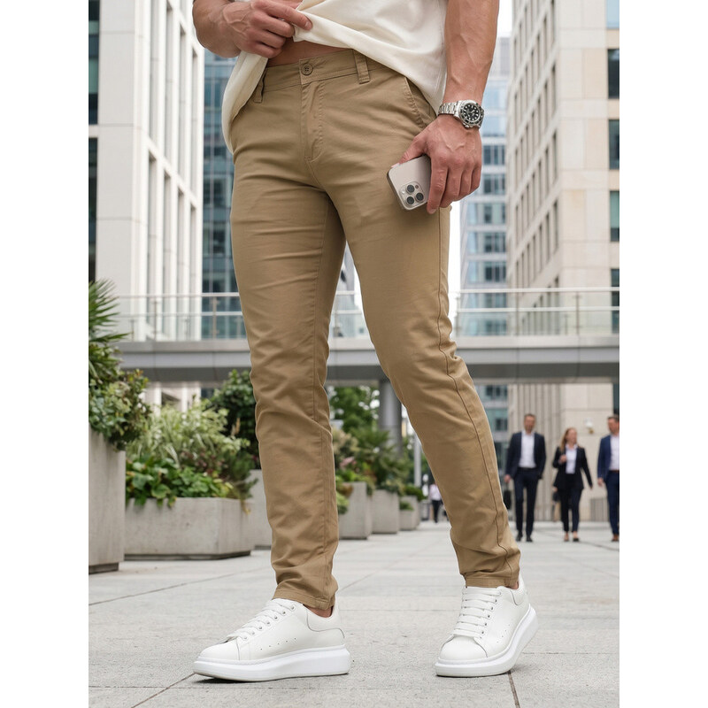 Pánské vypasované kalhoty chinos béžové FashionStreet UX4499