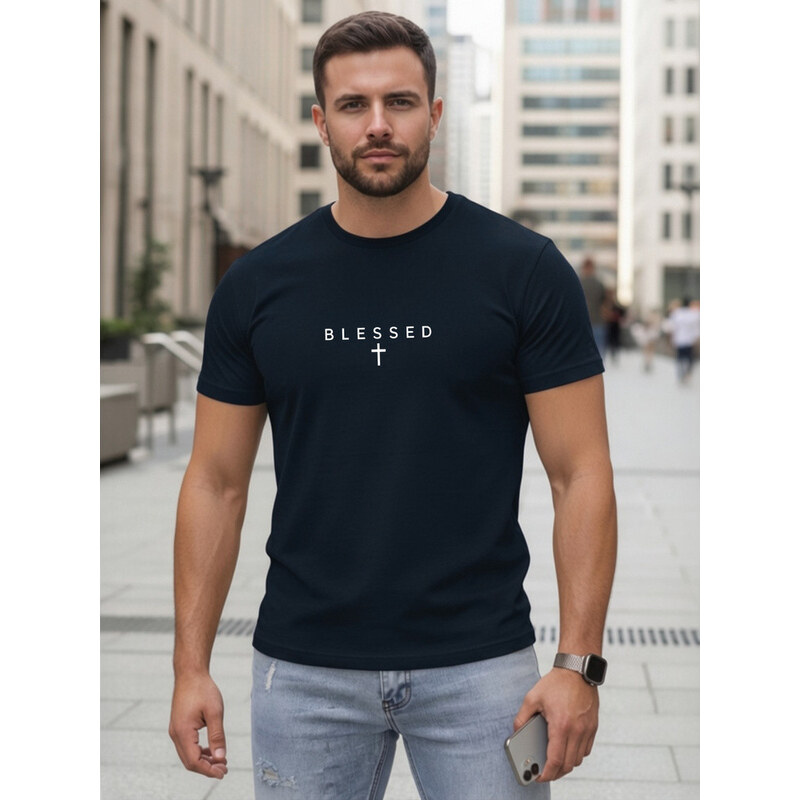 Pánské bavlněné tričko s potiskem BLESSED navy blue