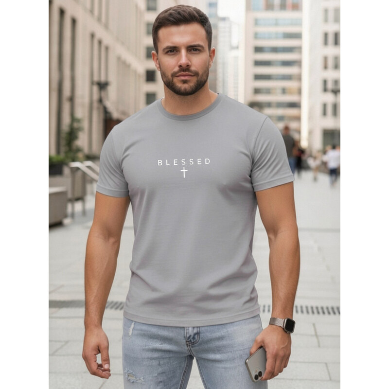 BLESSED šedé pánské bavlněné tričko s potiskem FashionStreet