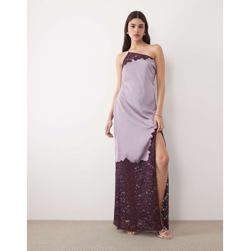Six Stories one shoulder thigh split satin and lace mix maxi