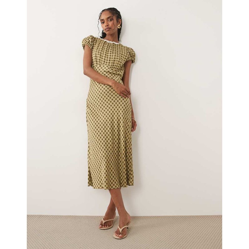 Nobodys Child Marianna scoop neck puff sleeve lace trim tea midi