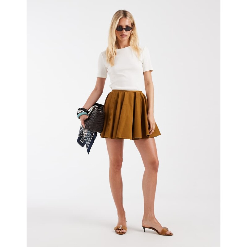 & Other Stories pleated skater mini skirt in chocolate brown