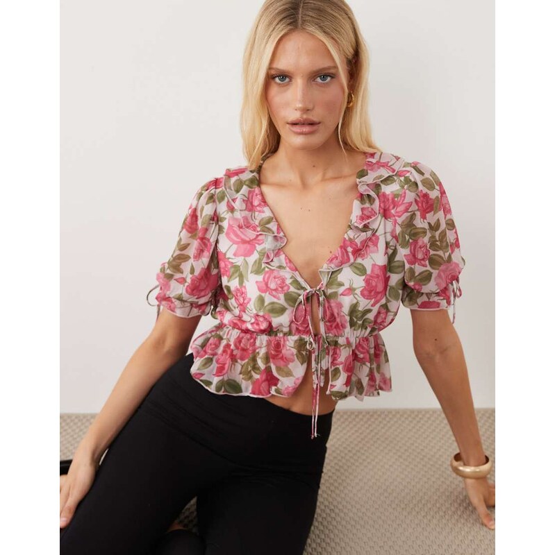 Miss Selfridge tie front tea top in floral print-Pink