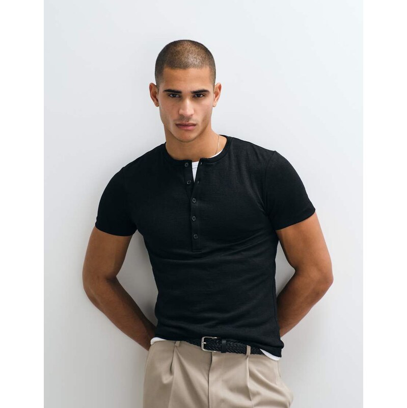 ASOS DESIGN heavyweight muscle t-shirt with henley neck in black