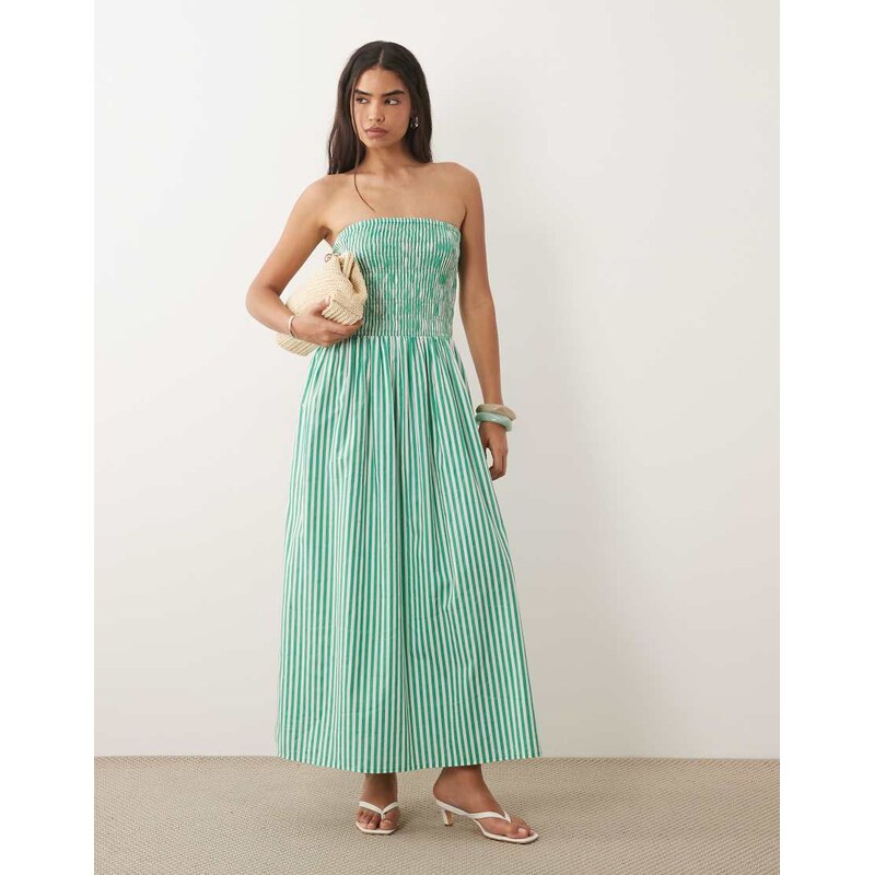New Look shirred bandeau midi dress in green stripe-Blue
