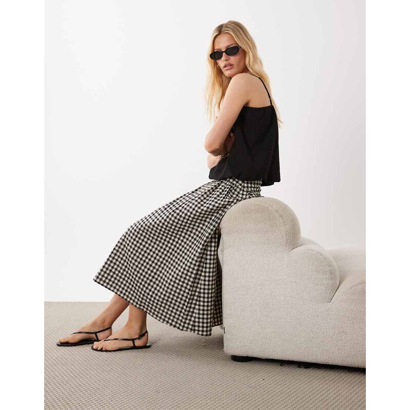 ARKET cotton blend pull on midi skirt in black gingham print