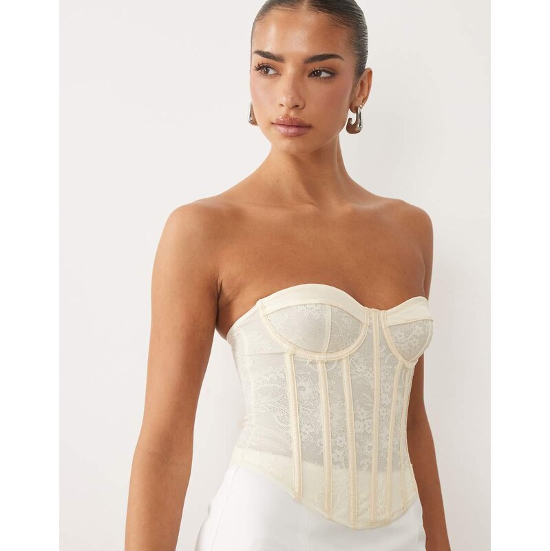ASOS DESIGN lace mix detail corset top with boning in buttermilk