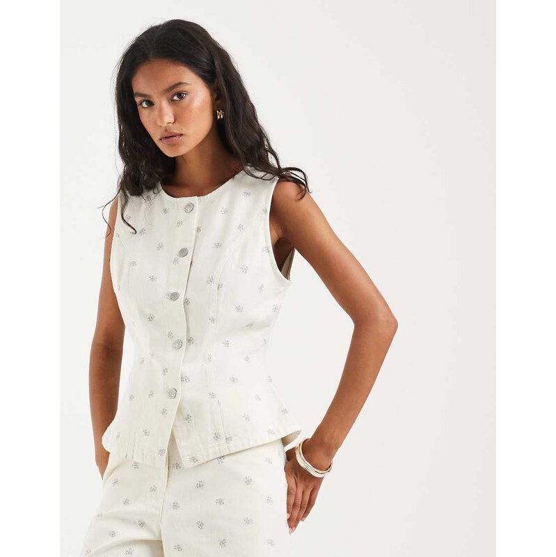 ONLY denim waistcoat with flower print co-ord in white