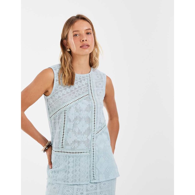 Object sleeveless crochet and lace patchwork top co-ord in sky