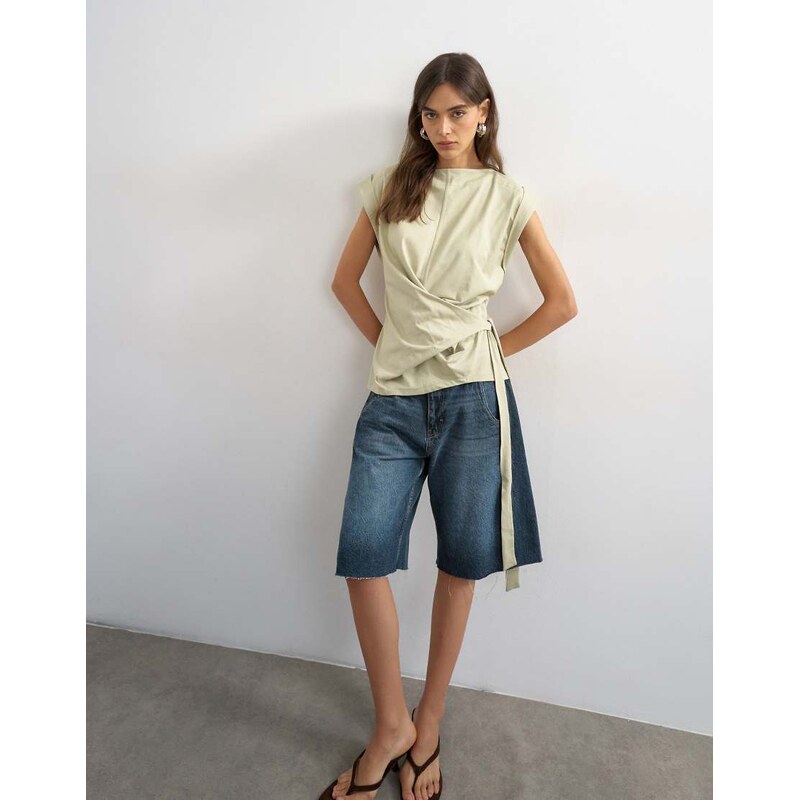 Topshop wrap detail cap sleeve top in sage-Green