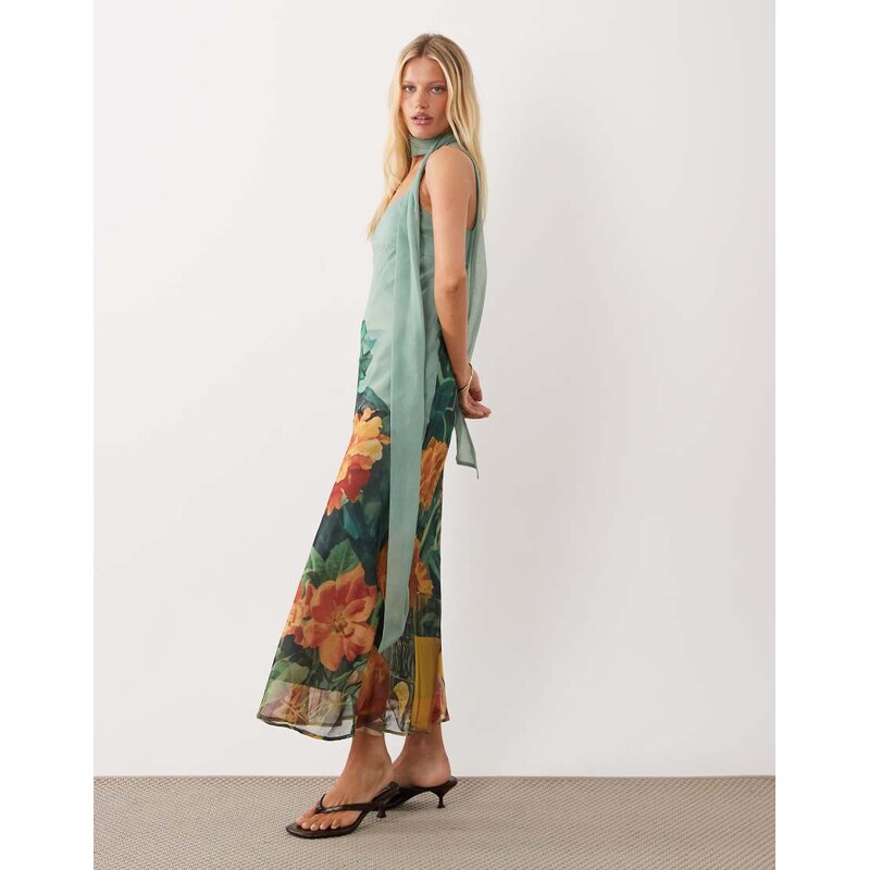 ASOS DESIGN slip midi dress with scarf in green floral green