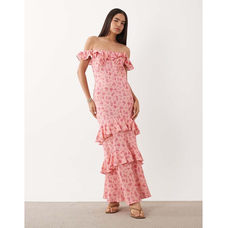 YAS off-shoulder ruffle maxi dress in pink floral