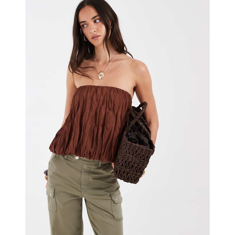 ASOS DESIGN crinkle bubble hem bandeau top in rust-Orange