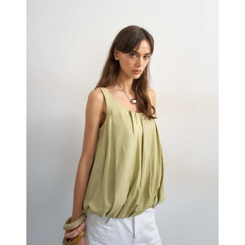 Topshop linen rich twist bubble hem chuck on cami in sage green