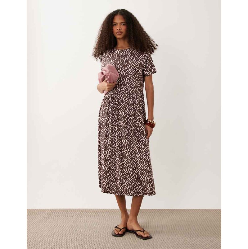 Wednesdays Girl smudge spot midi dress in brown & pink