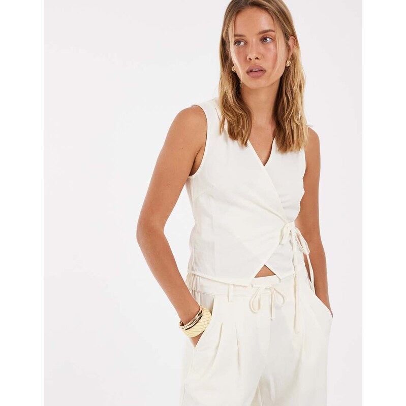 Object tie waist tailored waistcoat co-ord in cream-White