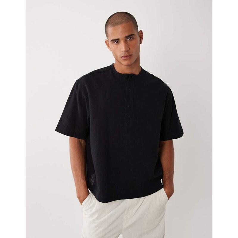 ASOS DESIGN boxy linen look overhead henley shirt in black