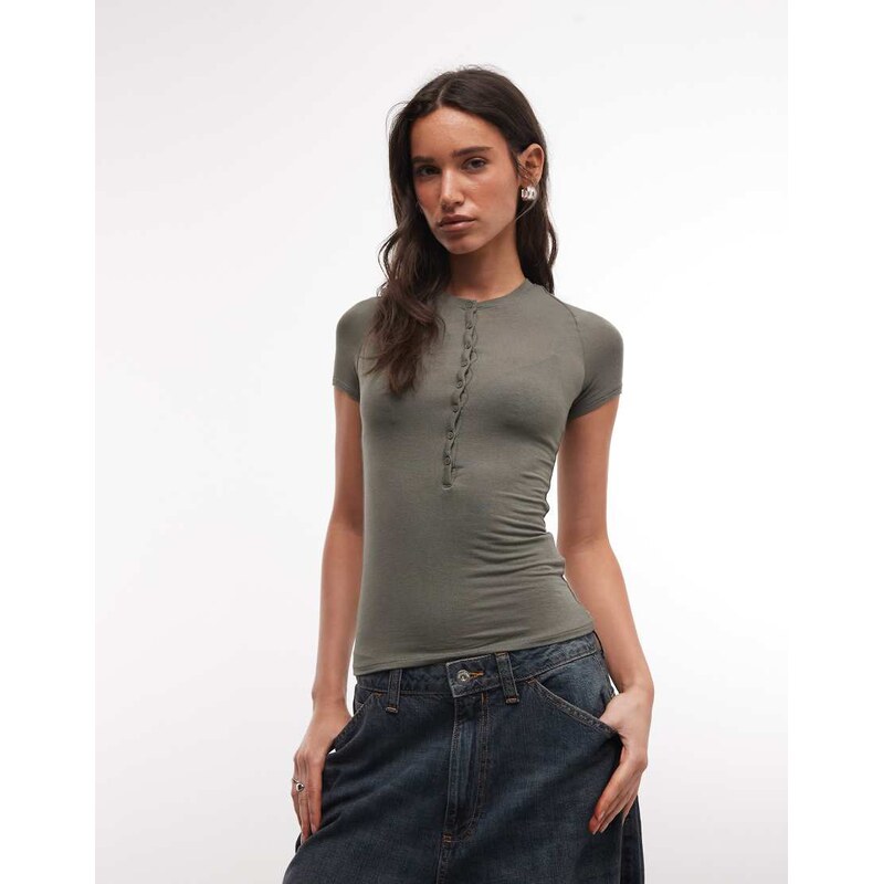Weekday slim fit henley t-shirt in khaki-Green
